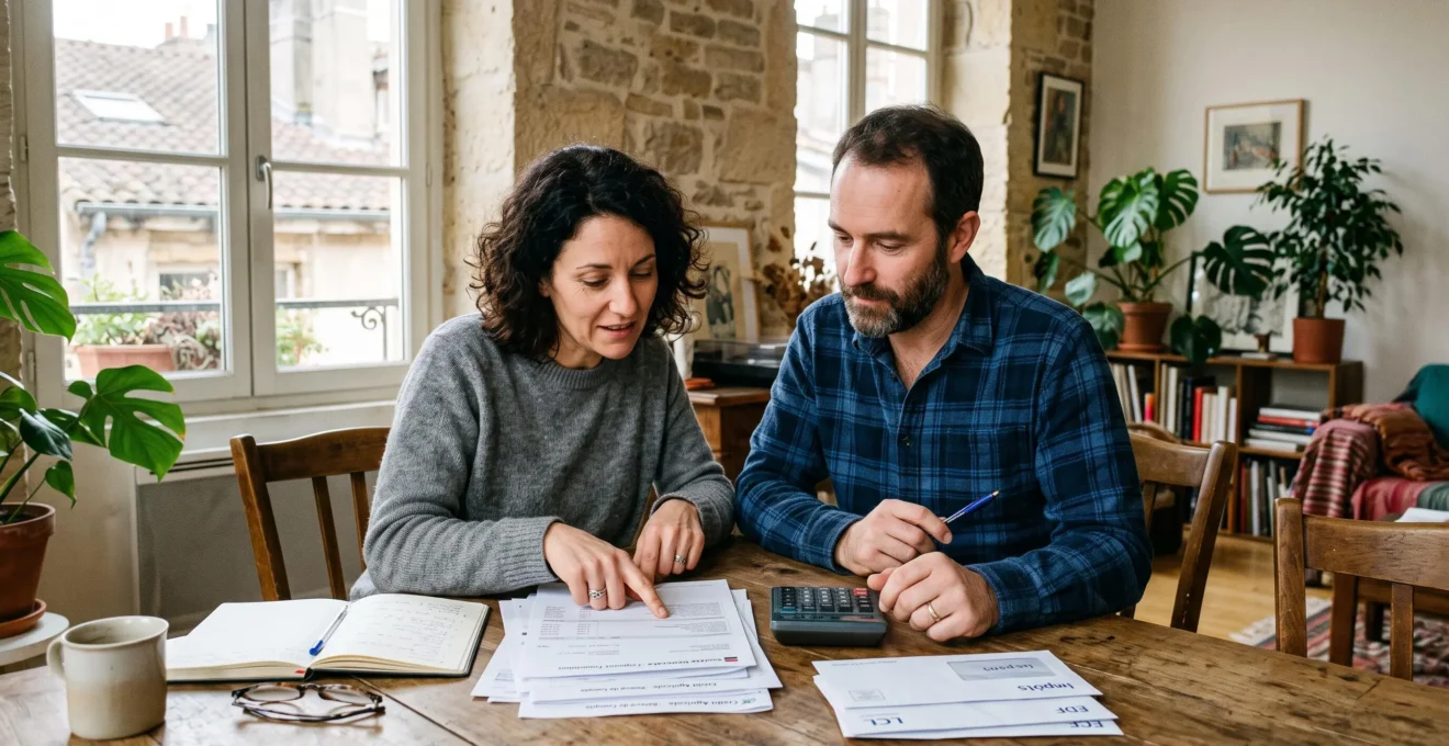 Un couple examine ses relevés de crédit autour de la table du salon pour un regroupement.