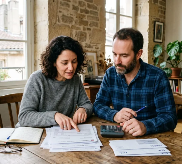 Un couple examine ses relevés de crédit autour de la table du salon pour un regroupement.