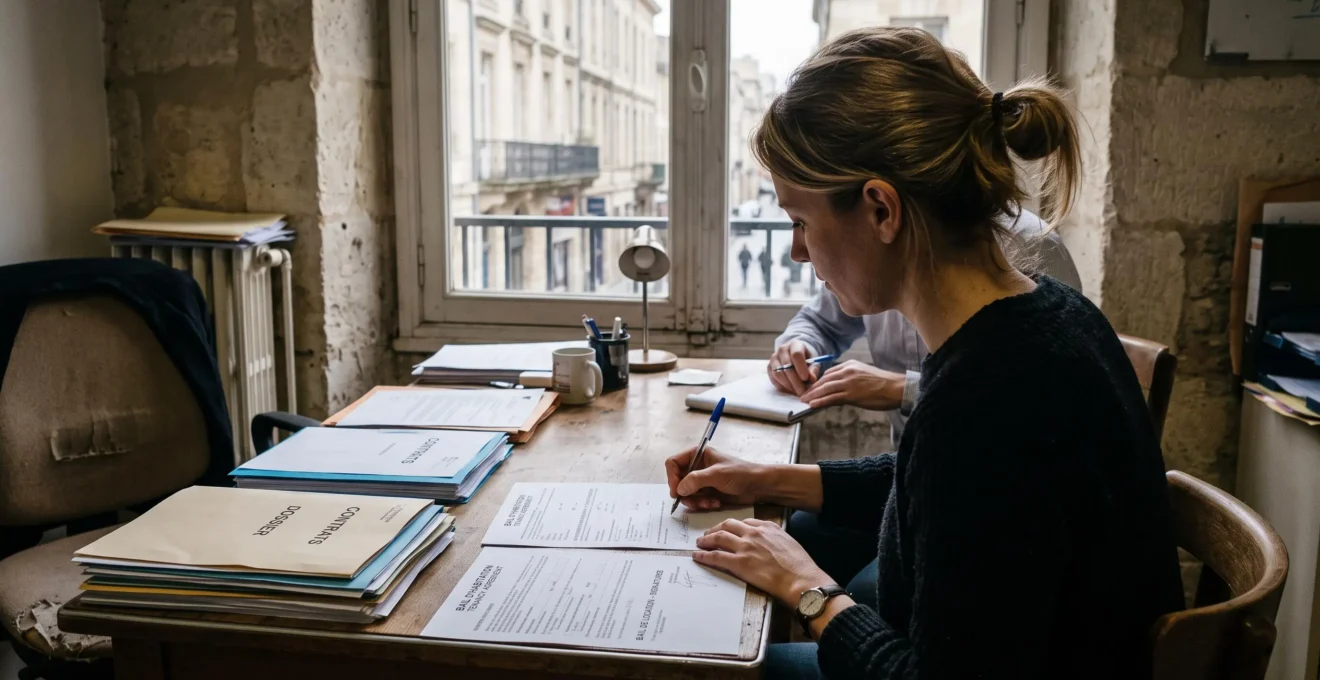 Une femme signe des papiers chez un conseiller pour envisager un rachat de crédit.
